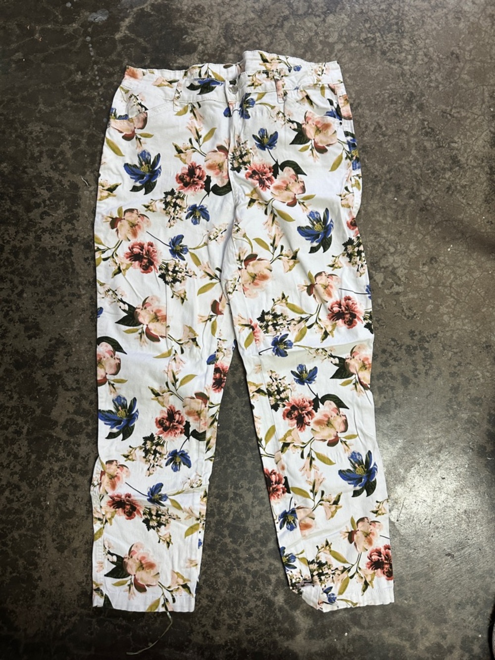 Workshop Republic Clothing White Floral Print Pants with Blue and Pink Accents